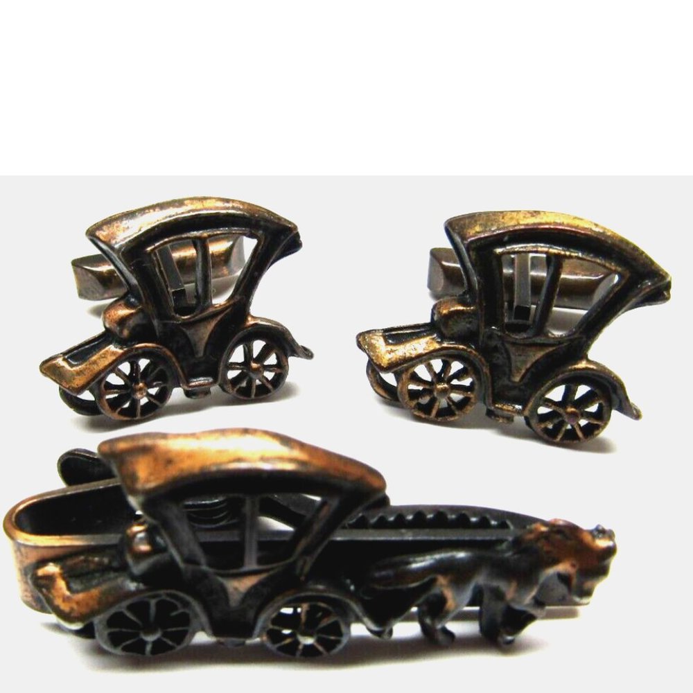 Cufflinks Horse Carriage Buggy Tie Clip Set Vintage Men's Formal Wear